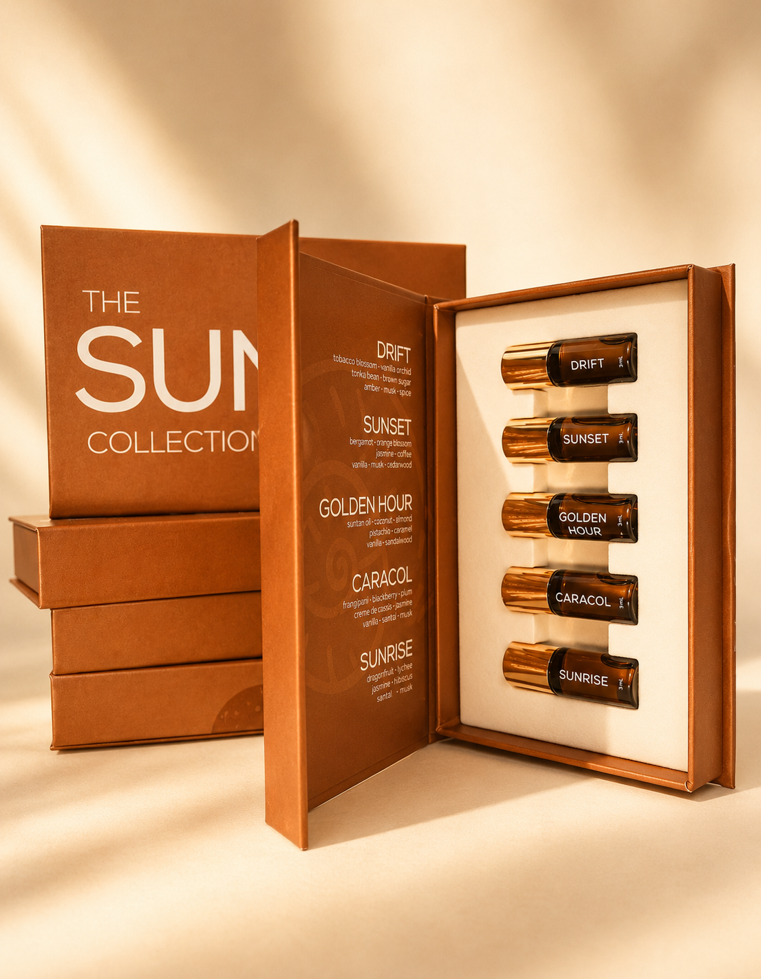 Open brown box displaying 'The Sun Collection' with cosmetic bottles inside on a beige background