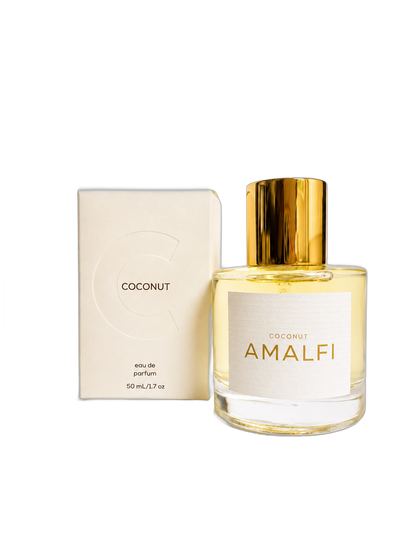 Coconut Amalfi 50 mL Eau de Parfum bottle with box, background removed