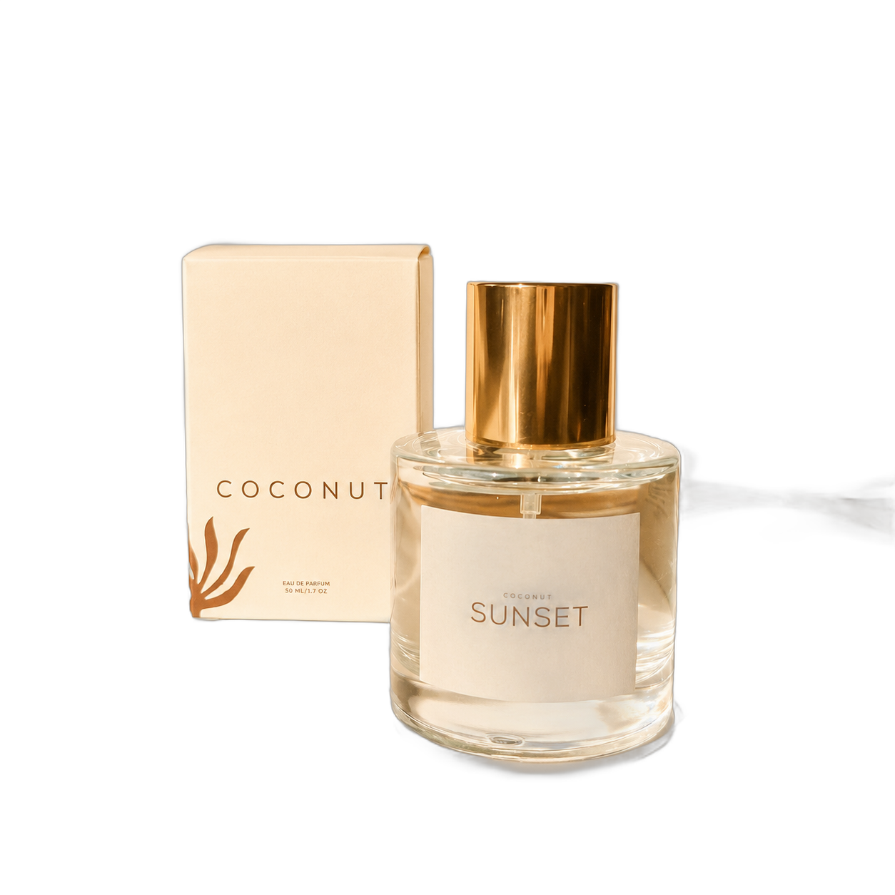 Coconut Sunset 50 mL Eau de Parfum bottle with box, background removed