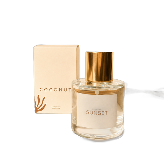 Coconut Sunset 50 mL Eau de Parfum bottle with box, background removed
